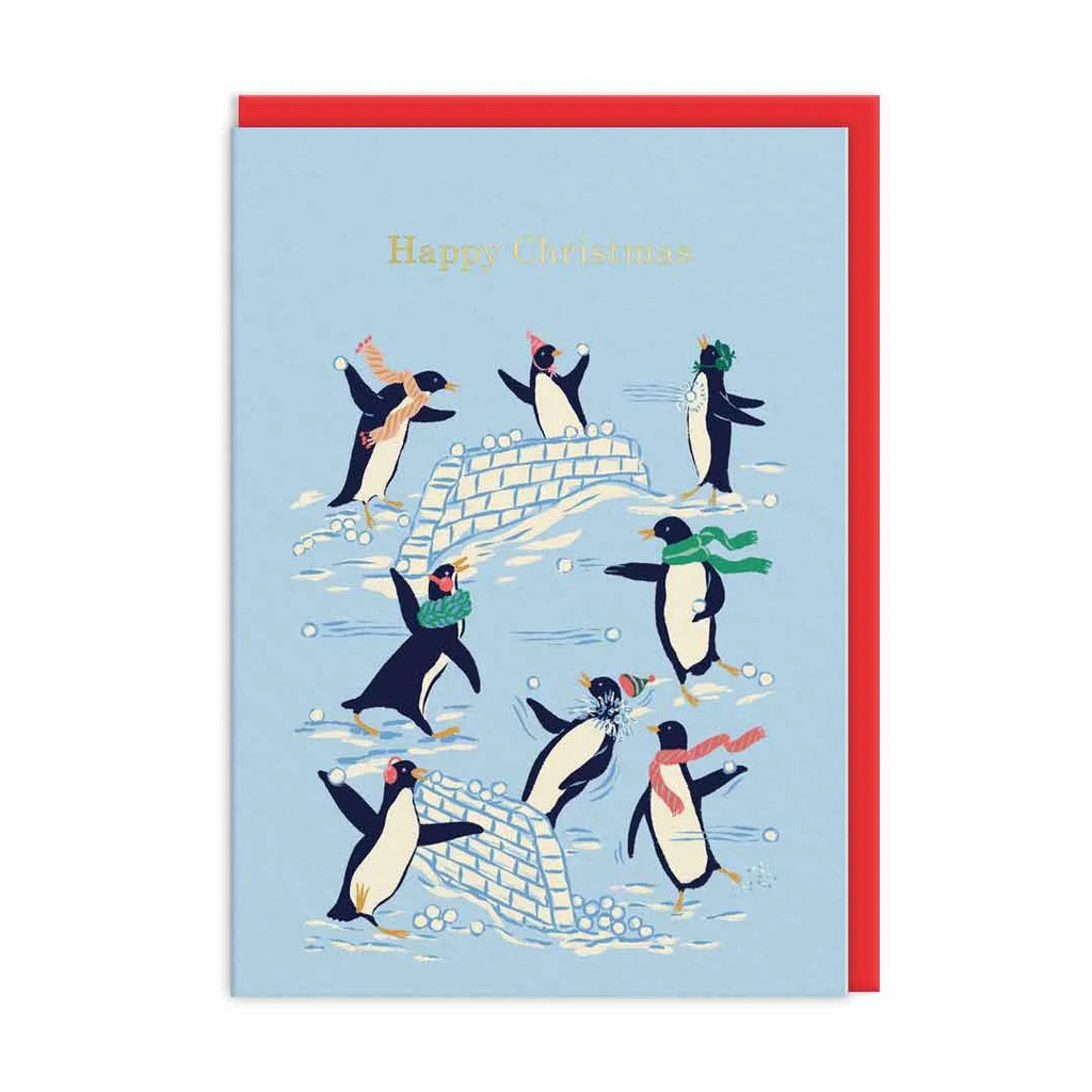 Penguins Snowball Fight Christmas Card from Ohh Deer for sale at Mostyn