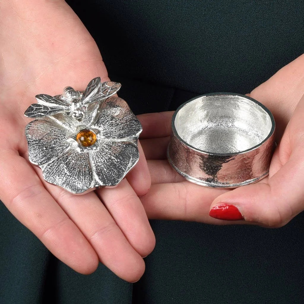 Pewter and Amber Bee on a Flower Trinket Box from Glover and Smith for sale at Mostyn 2
