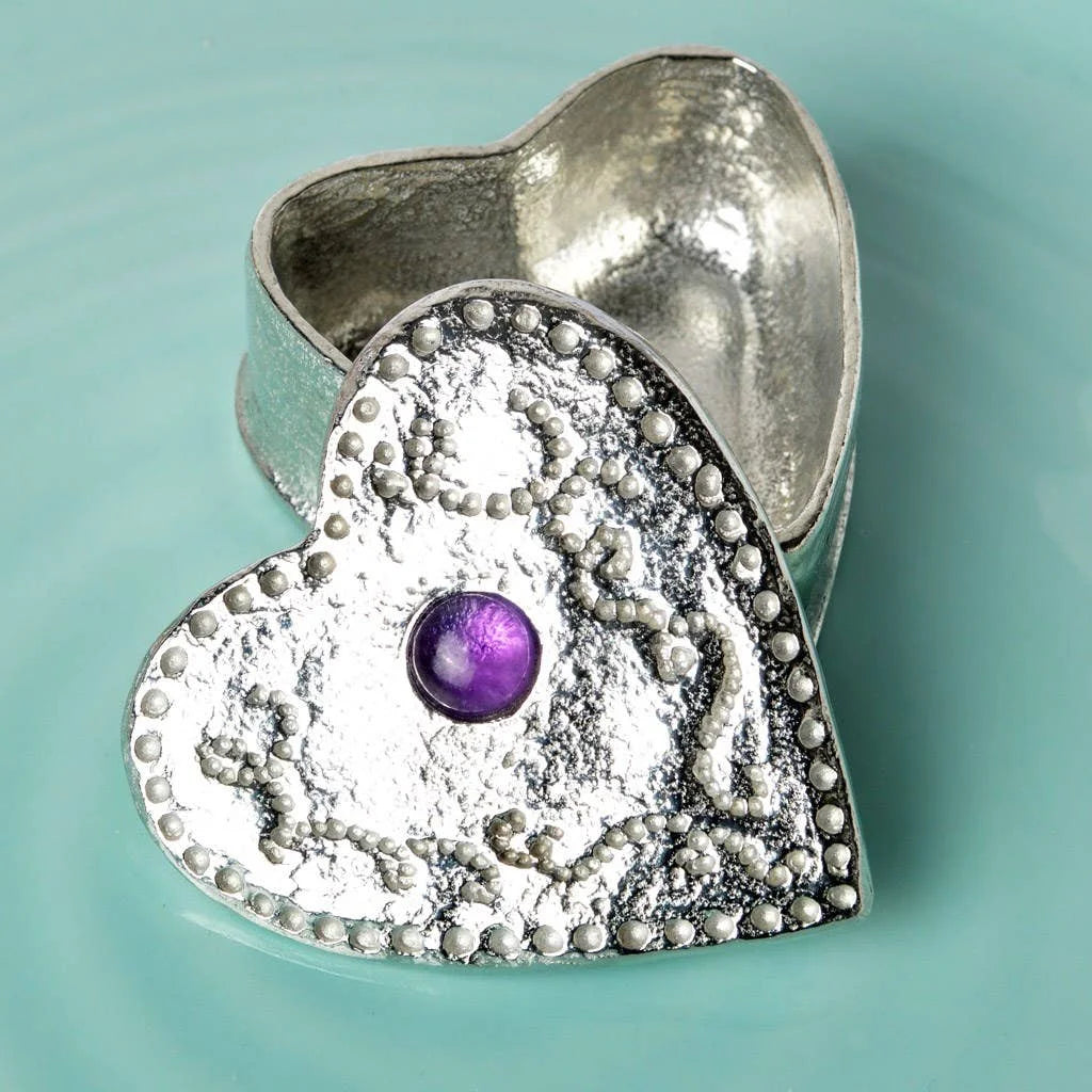 Pewter and Amethyst Heart Shaped Trinket Box from Glover and Smith for sale at Mostyn