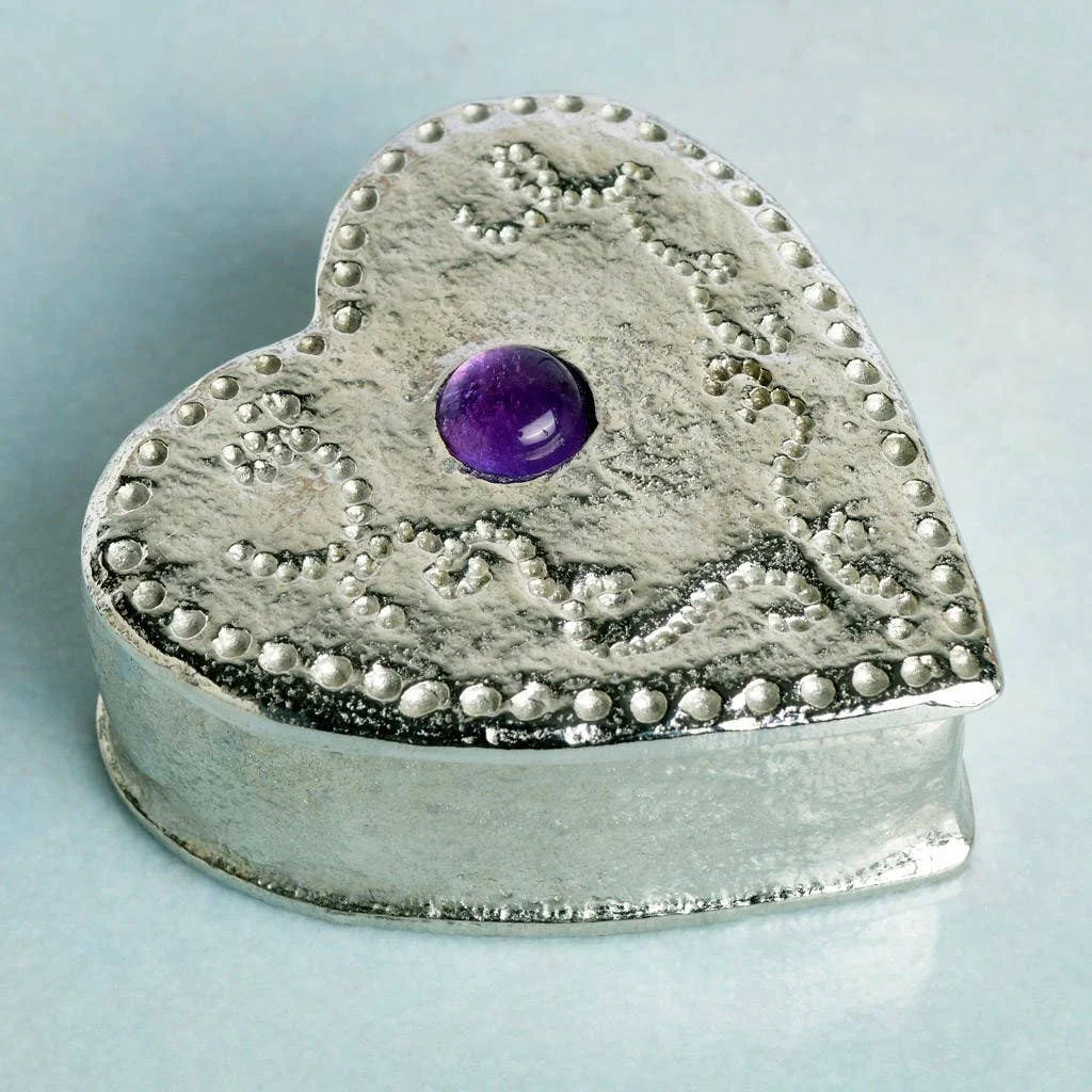Pewter and Amethyst Heart Shaped Trinket Box from Glover and Smith for sale at Mostyn 2