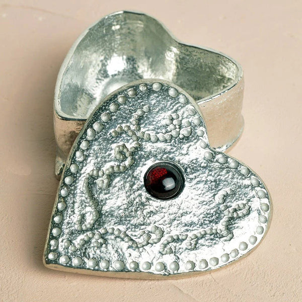 Pewter and Garnet Heart Shaped Trinket Box from Glover and Smith for sale at Mostyn