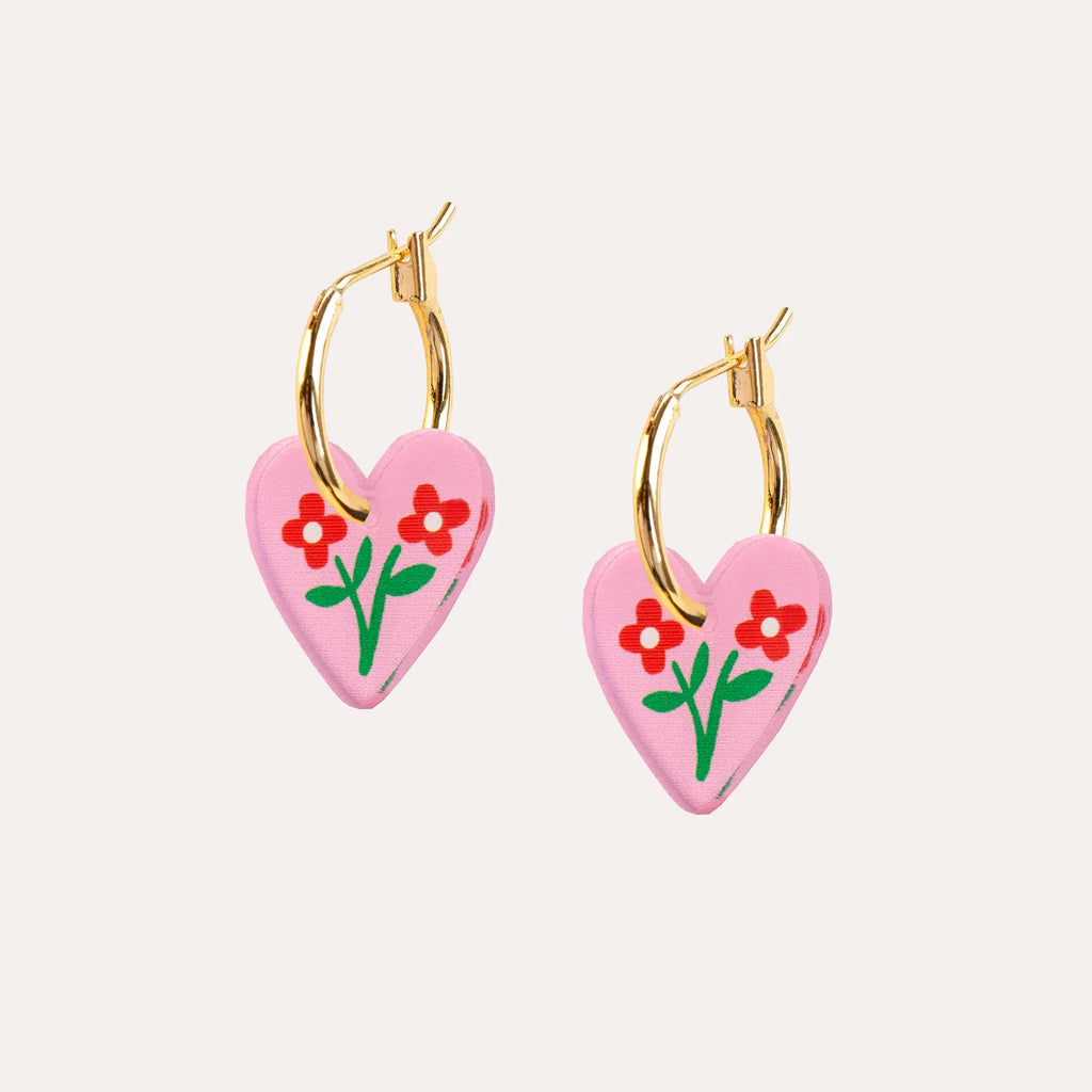 Pink Floral Heart Charm Hoop Earrings by Natalie Lea Owens for sale at Mostyn