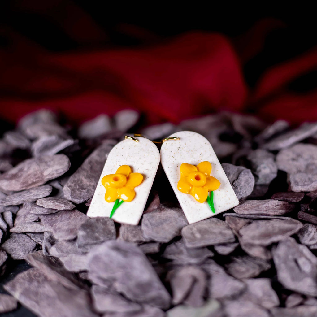 Polymer Clay Daffodil Arch Shaped Earrings from Carlas Cwtch for sale at Mostyn