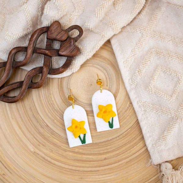 Polymer Clay Daffodil Arch Shaped Earrings from Carlas Cwtch for sale at Mostyn