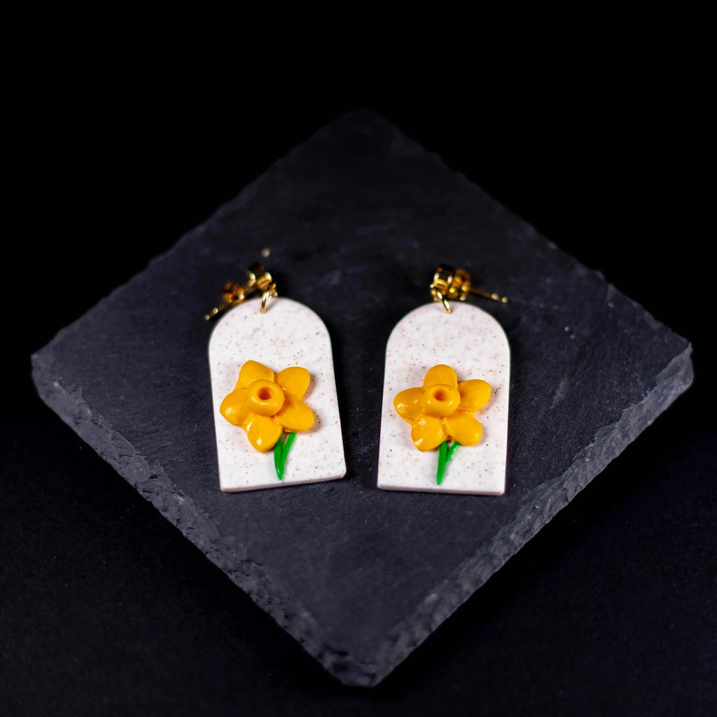 Polymer Clay Daffodil Arch Shaped Earrings from Carlas Cwtch for sale at Mostyn