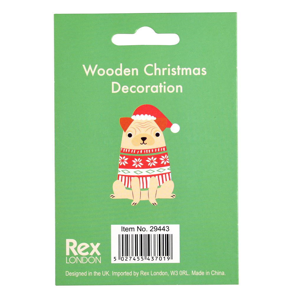 Pug Dog Hanging Wooden Christmas Decoration from Rex London for sale at Mostyn