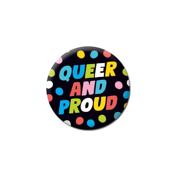 Queer and Proud Badge by Dean Morris cards for sale at Mostyn
