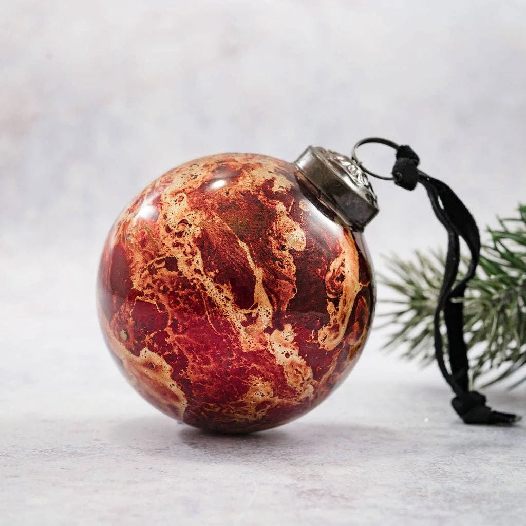 Red Marble Christmas Hand Blown Glass Bauble from Bollywood Christmas for sale at Mostyn