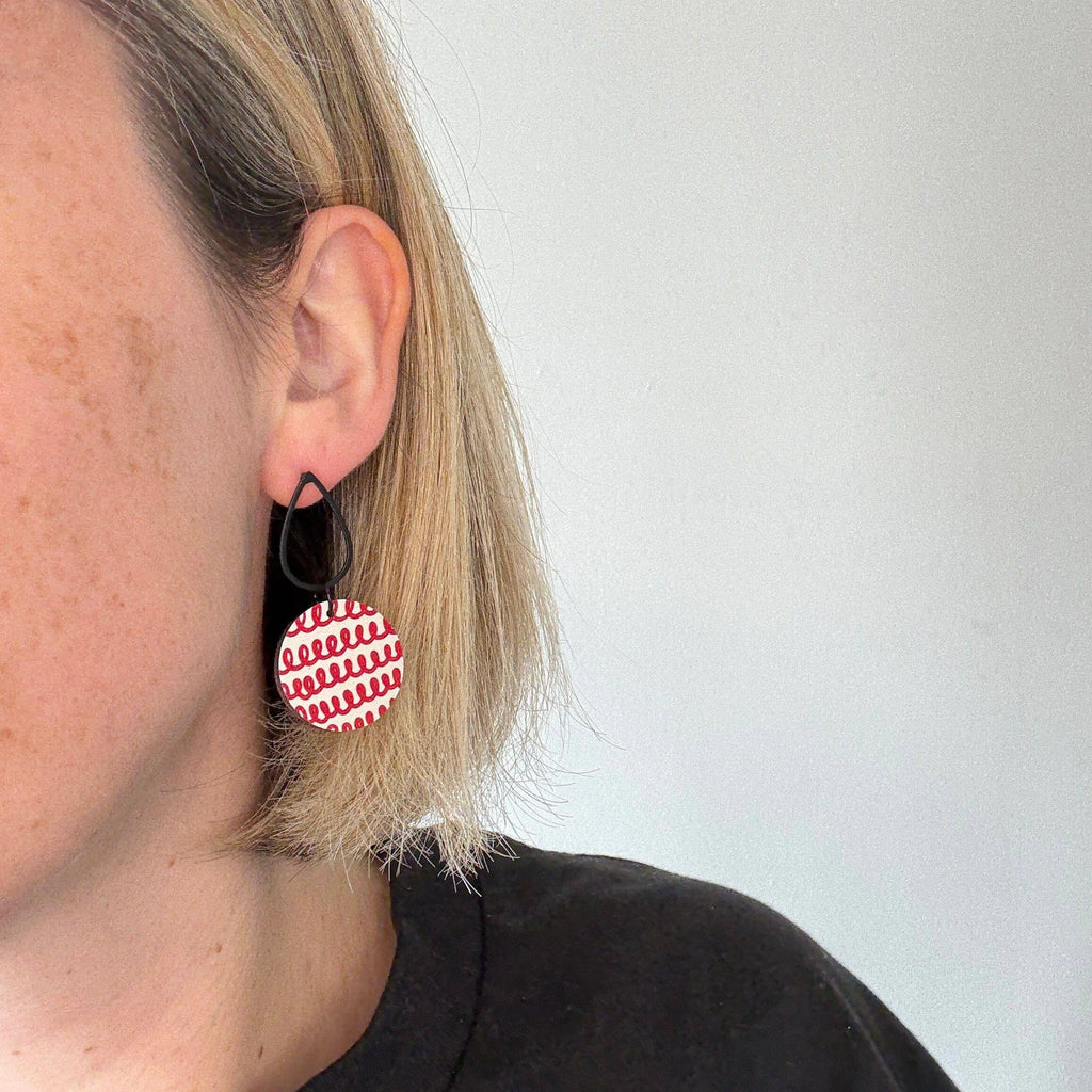 Red Doodle Tear Drop Stud Earrings from Deryn for sale at Mostyn