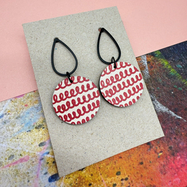 Red Doodle Tear Drop Stud Earrings from Deryn for sale at Mostyn