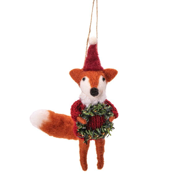 Red Fox with Wreath Hanging Christmas Decoration by Sass and Belle for sale at Mostyn
