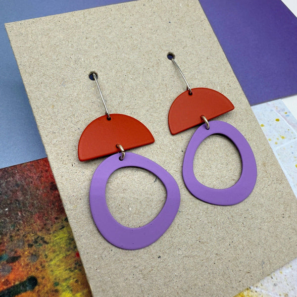 Red and Lilac Arch and Circle Earrings for sale at Mostyn