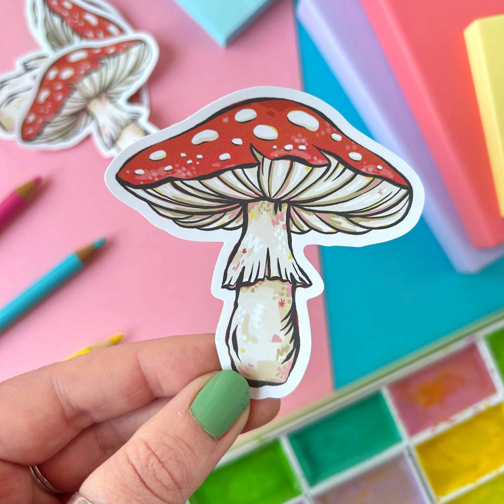 A Red and White Mushroom Vinyl Sticker by Stacey McEvoy Caunt for sale at Mostyn