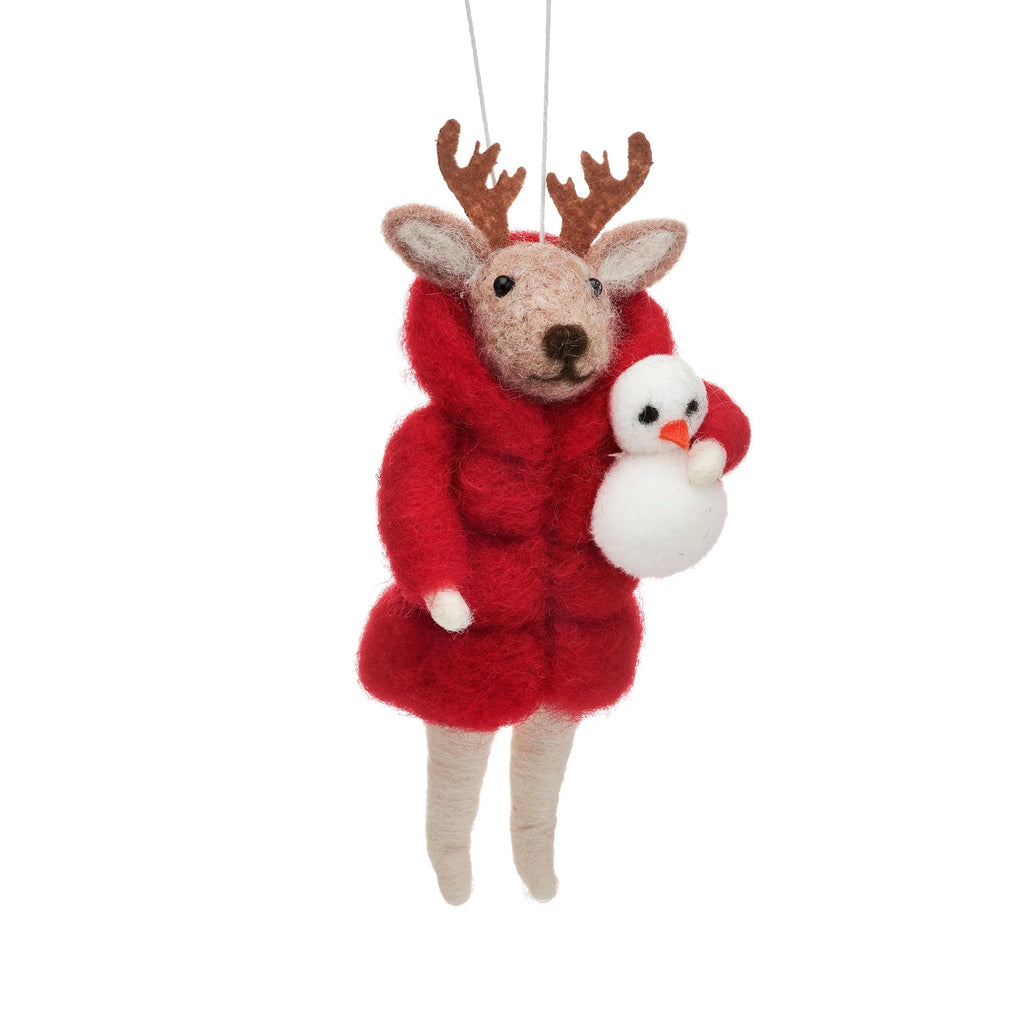 Reindeer in Puffer Jacket Hanging Felt Christmas Decoration from Sass and Belle for sale at Mostyn