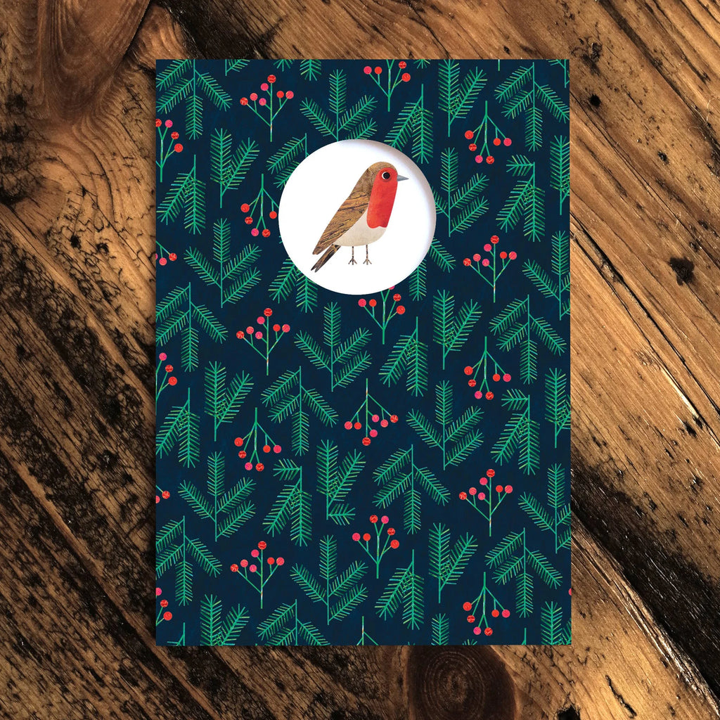 Robin Christmas Card with Berries and Fir Leaves and a Die Cut Circle from Paperwhale for sale at Mostyn