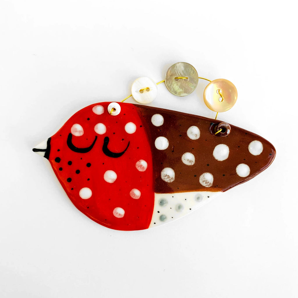 Robin With Vintage Buttons Handmade Ceramic Christmas Decoration from Miss Marple Makes for sale at Mostyn