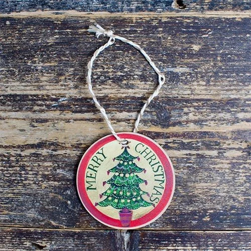 Round Merry Christmas Tree Wooden Christmas Decoration from Driftwood Designs for sale at Mostyn