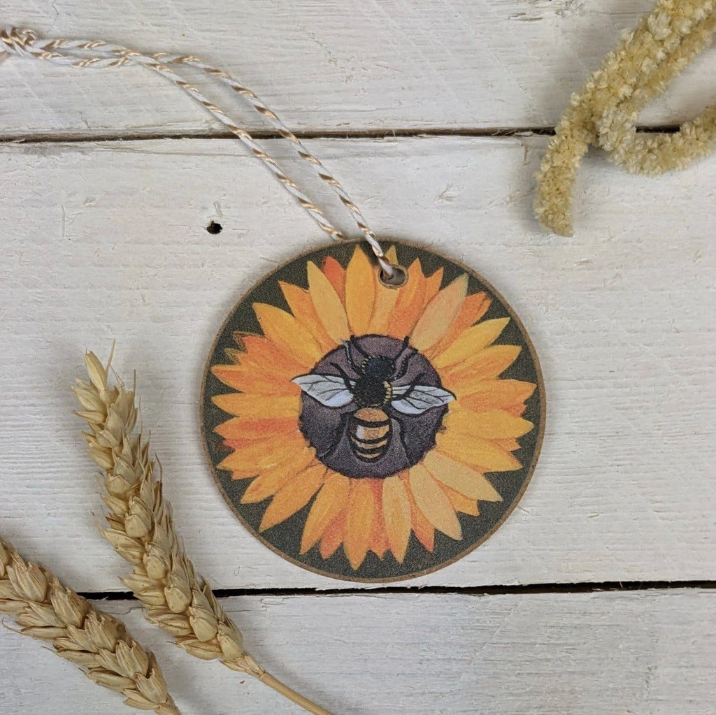 Round Wooden Bee and Sunflower Hanging Decoration from Driftwood Designs for sale at Mostyn