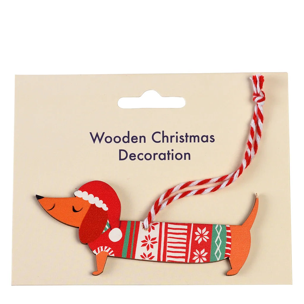 Sausage Dog Hanging Wooden Christmas Decoration from Rex London for sale at Mostyn