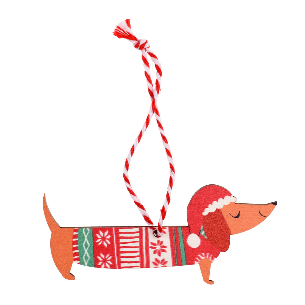 Sausage Dog Hanging Wooden Christmas Decoration from Rex London for sale at Mostyn