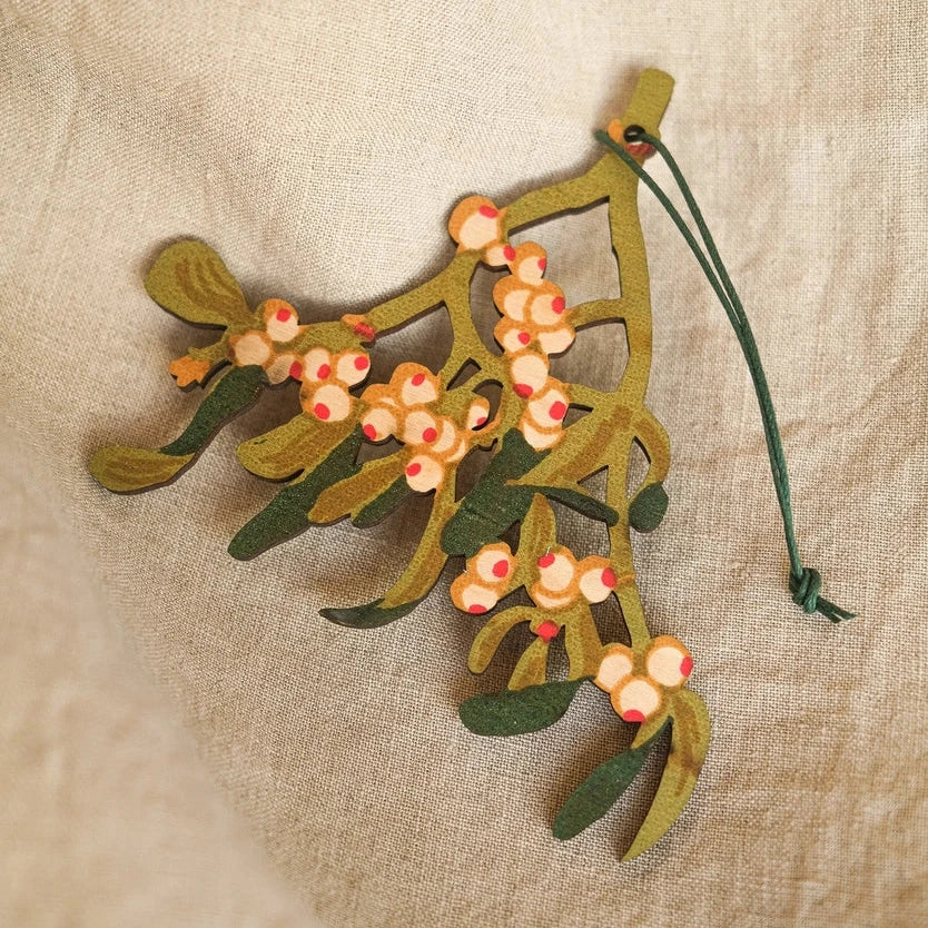 Screen Printed Wooden Mistletoe Christmas Decoration from East End Press for sale at Mostyn