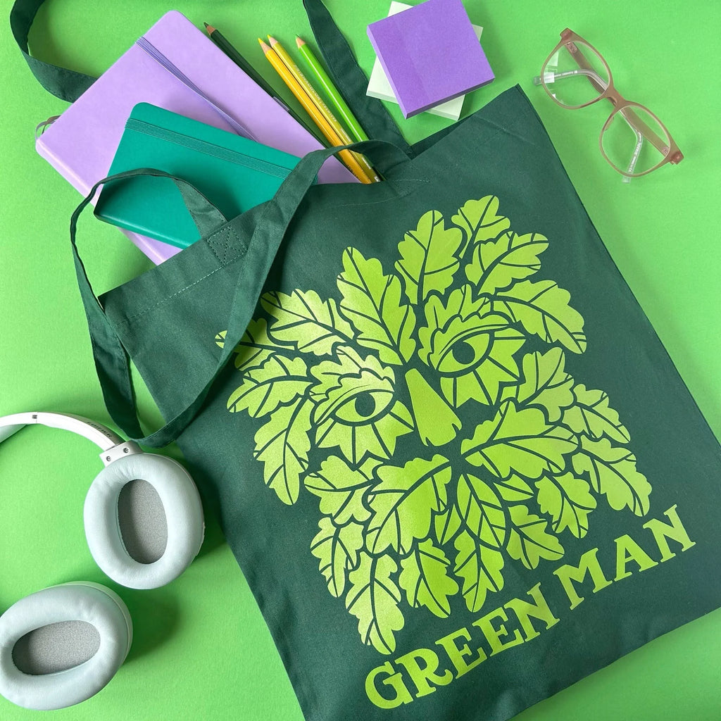 Screen Printed Green Man Tote Bag by Stacey McEvoy Caunt for sale at Mostyn