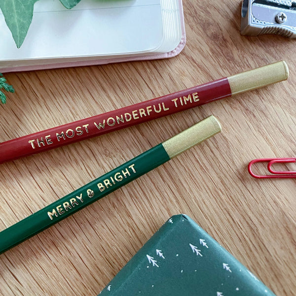 Set Of Two Merry And Bright and The Most Wonderful Time Christmas Pencils from Clara and Macy