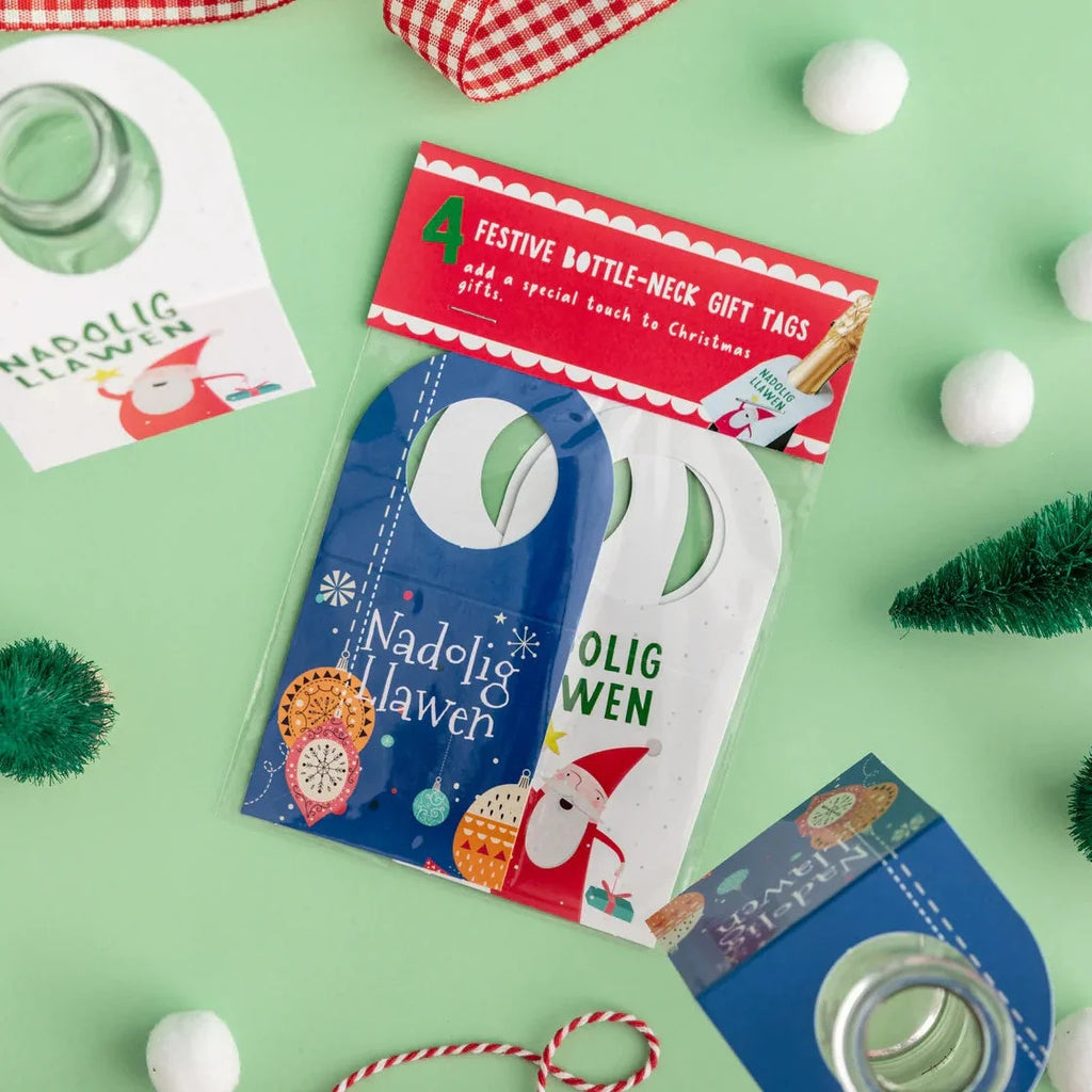 Set of 4 Father Christmas and Bauble Welsh Language Christmas Bottle Neck Gift Tags from Oh Susannah for sale at Mostyn