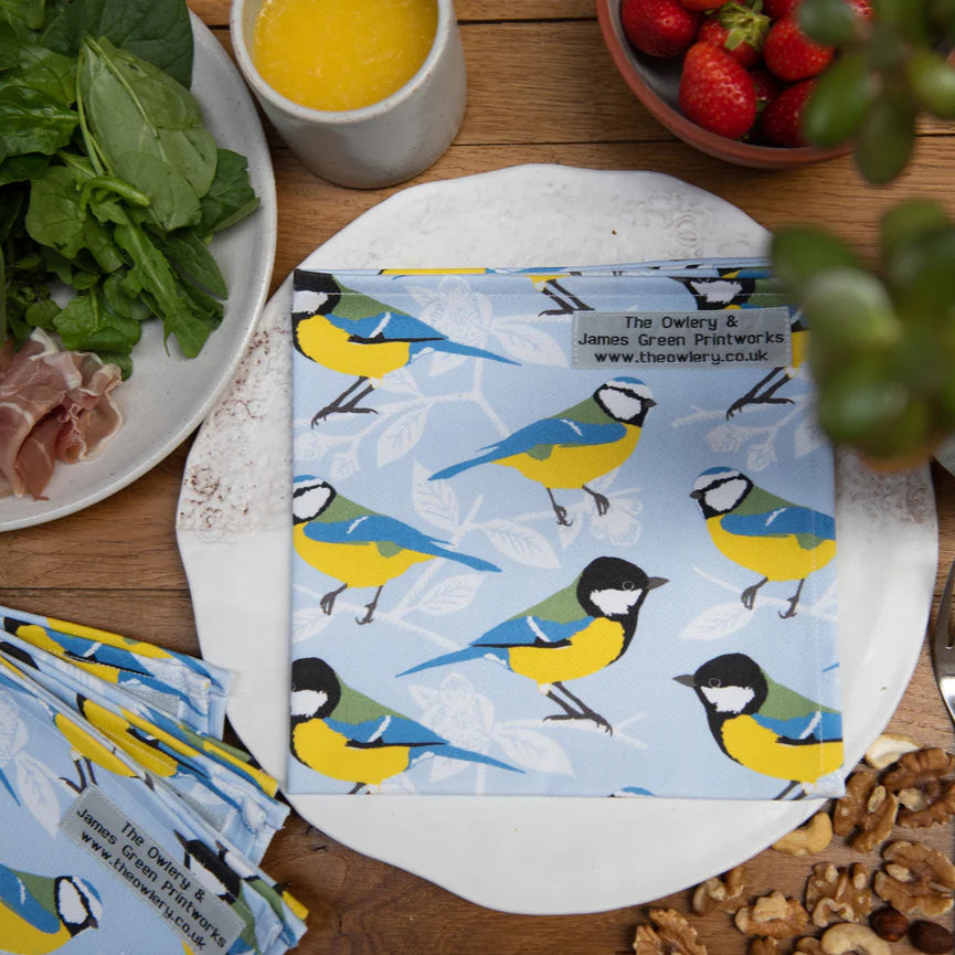 Set of Two Blue and Great Tit Cotton Napkins from The Owlery for sale at Mostyn