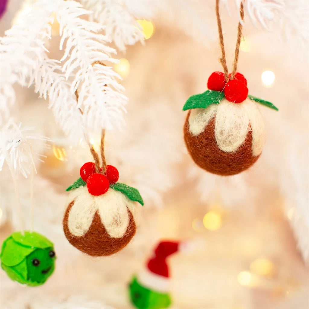 Set of 2 Christmas Pudding Felt Hanging Christmas Decorations from Sass and Belle for sale at Mostyn 