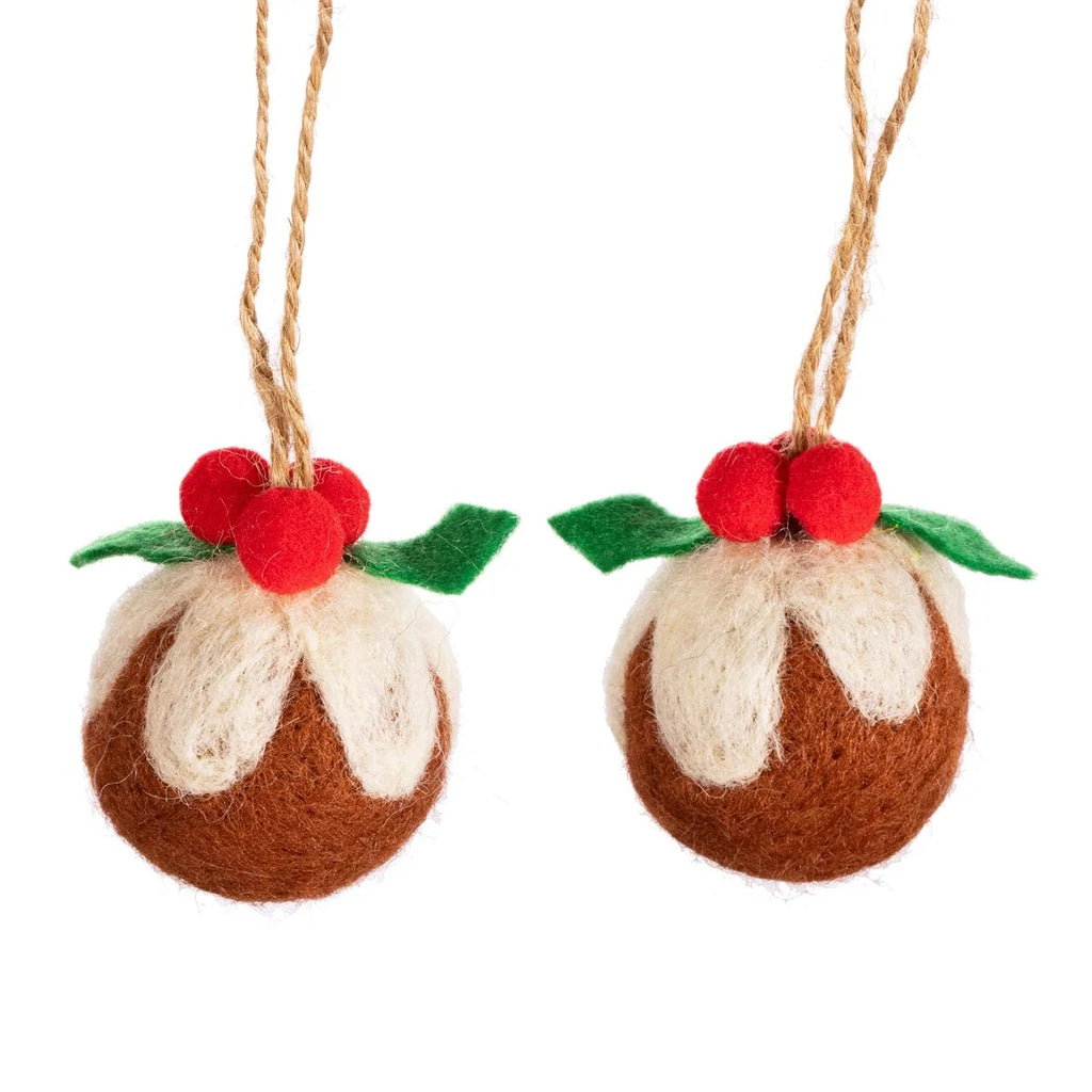 Set of 2 Christmas Pudding Felt Hanging Christmas Decorations from Sass and Belle for sale at Mostyn 