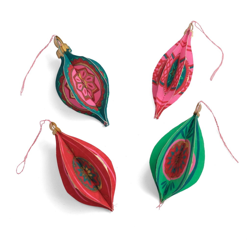Set of 4 Screen Printed Vintage Baubles Paper Christmas Decorations from East End Press for sale at Mostyn 