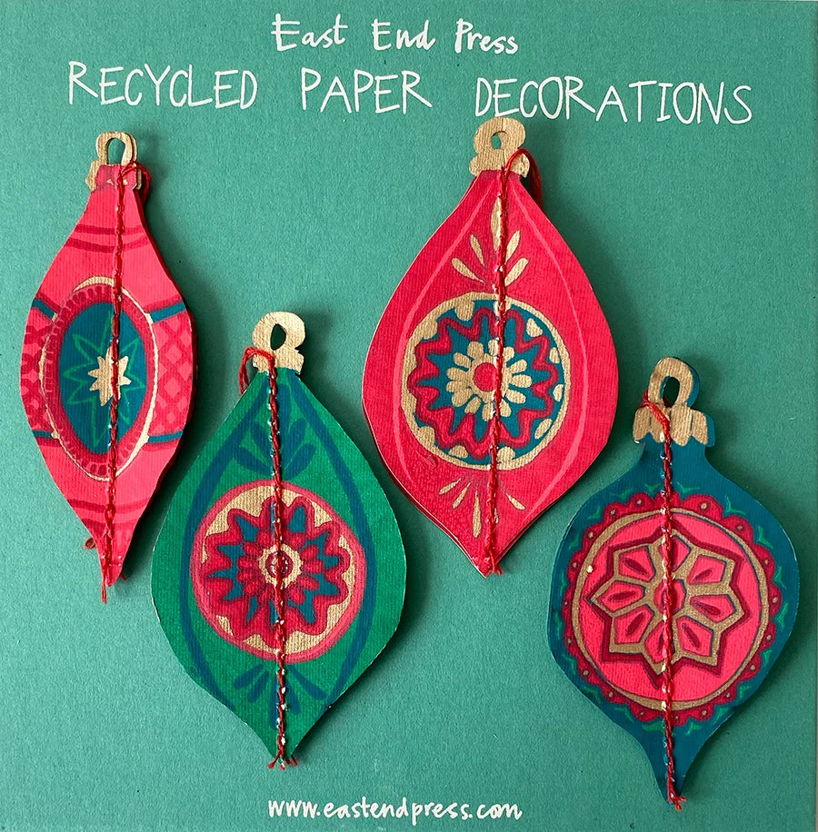 Set of 4 Screen Printed Vintage Baubles Paper Christmas Decorations from East End Press for sale at Mostyn 