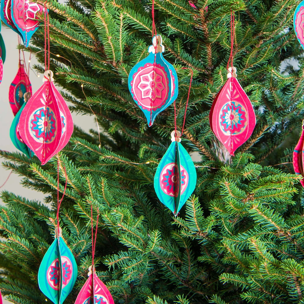 Set of 4 Screen Printed Vintage Baubles Paper Christmas Decorations from East End Press for sale at Mostyn 