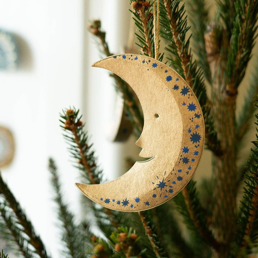 Shimmering Man on the Moon Screen-Printed Christmas Decoration by East End Press for sale at Mostyn