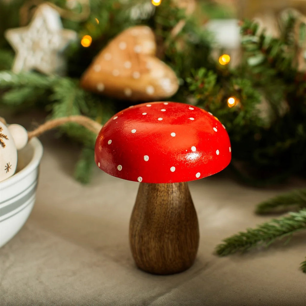 Short Red and White Wooden Mushroom Standing Autumn Decoration from Sass and Belle for sale at Mostyn