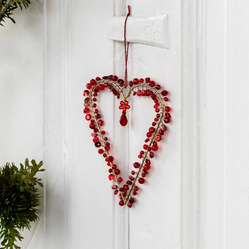 Small Handmade Red Beaded Heart Hanging Decoration from Rex London for sale at Mostyn