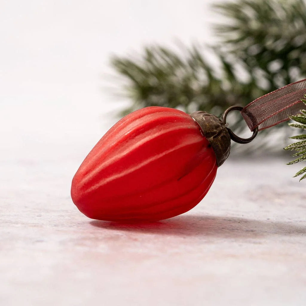 Small Red Frosted Glass Pinecone Christmas Bauble from Bollywood Christmas for sale at Mostyn