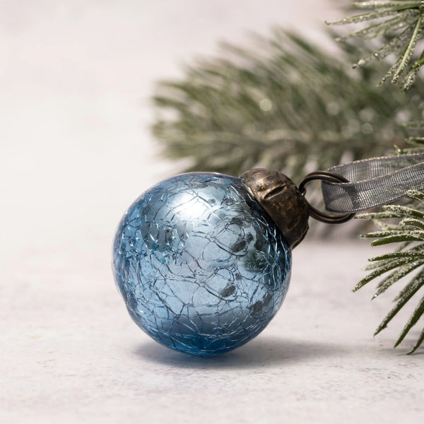 Small Sky Crackle Hand Blown Glass Christmas Bauble from Bollywood Christmas for sale at Mostyn