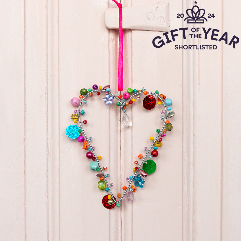 Small Handmade Multi Coloured Beaded Heart Hanging Decoration from Rex London for sale at Mostyn