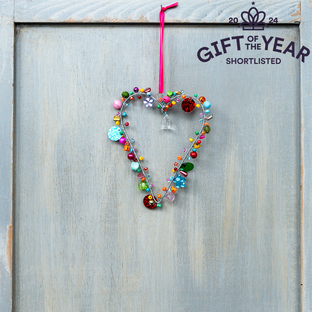 Small Handmade Multi Coloured Beaded Heart Hanging Decoration from Rex London for sale at Mostyn