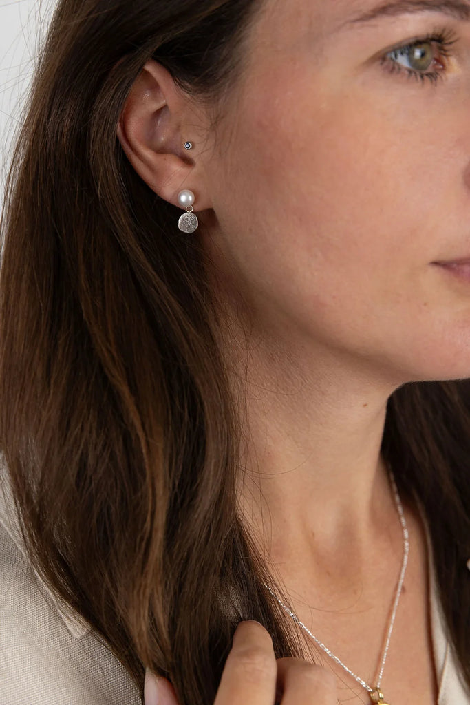 Sterling Silver Blobby Suspended from a White Pearl Stud Earrings from Rebecca Oldfield for sale at Mostyn