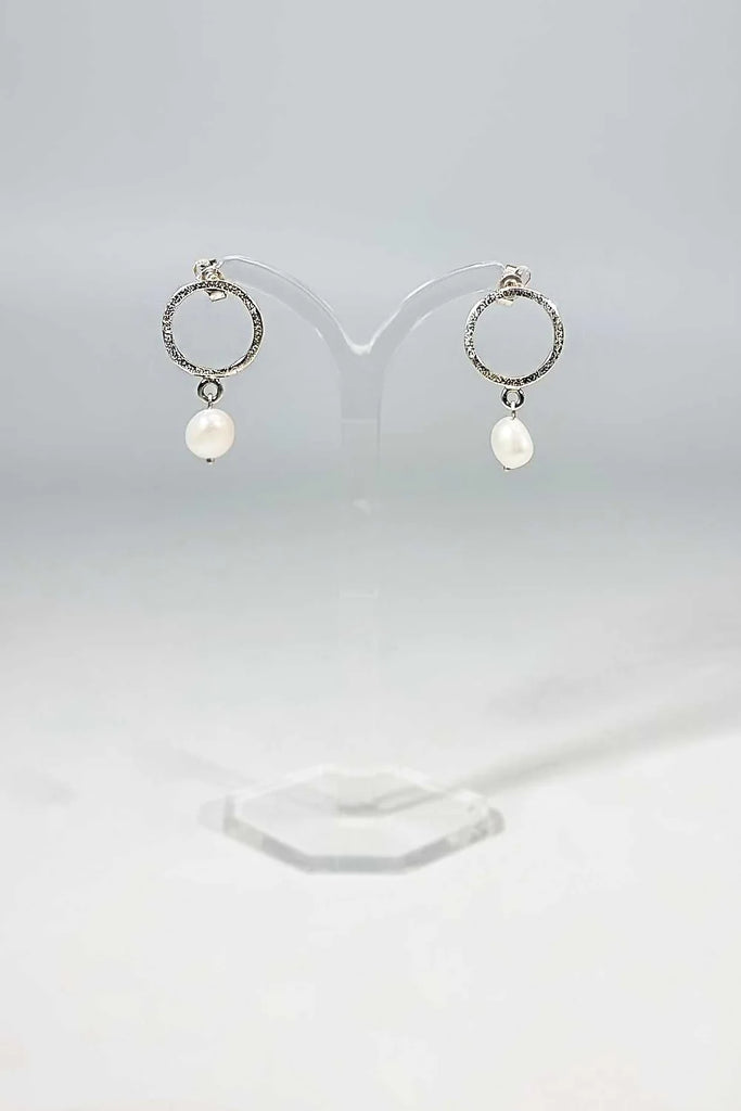 Sterling Silver Circle Stud Earrings with Drop Pearl from Rebecca Oldfield for sale at Mostyn