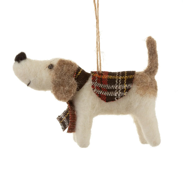 Tartan Dog Hanging Felt Decoration from Sass and Belle for sale at Mostyn