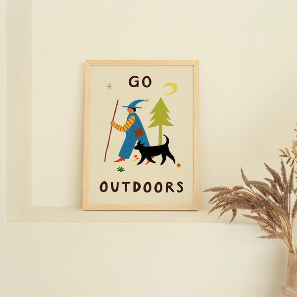 Unframed Go Outdoors Wizard and Dog Art Print by Little Black cat Illustrated goods for sale at Mostyn