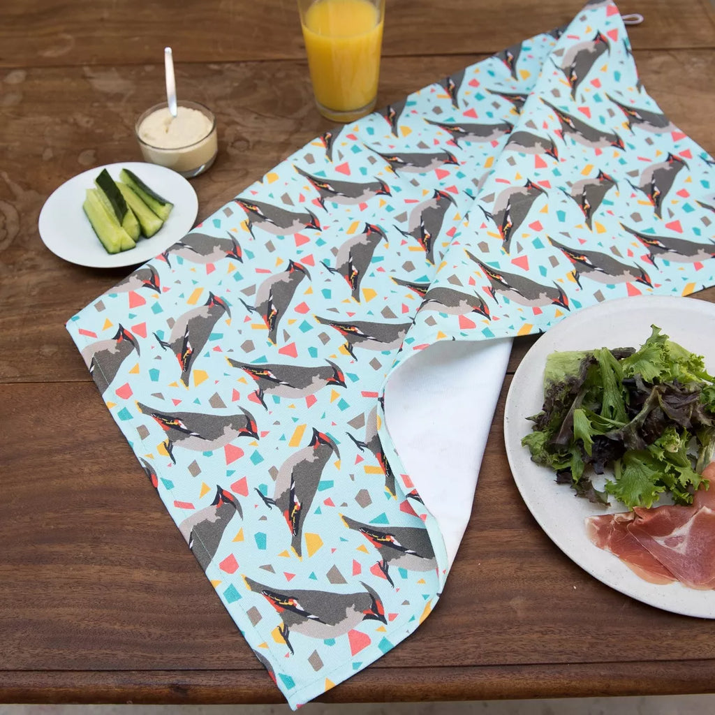 Waxwing Print Cotton Tea Towel by The Owlery for sale at Mostyn