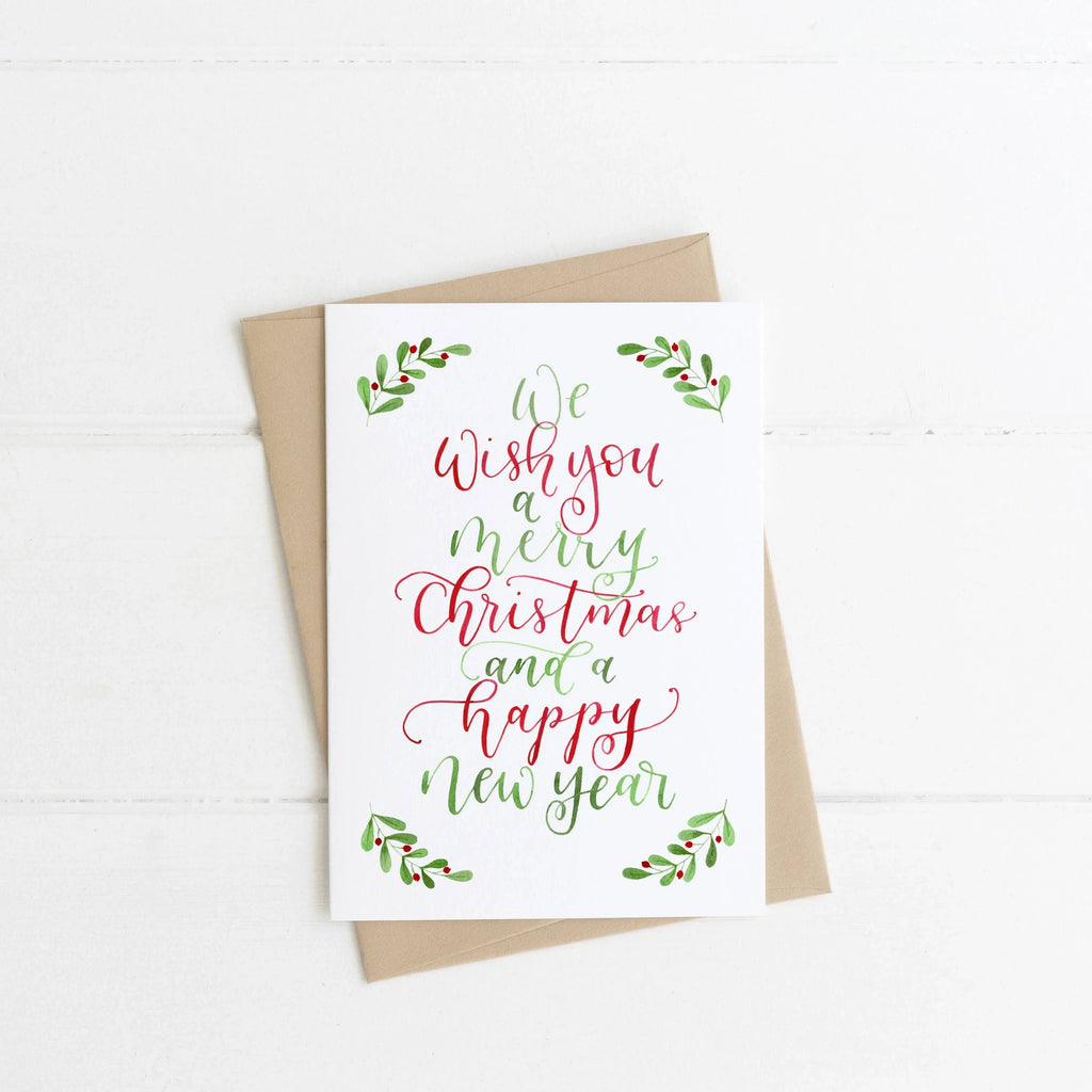 We Wish you a Merry Christmas Calligraphy Recycled Christmas Card from Eleri Haf Designs for sale at Mostyn
