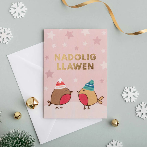 Welsh Language Christmas Card Gold Foil Robins from Draenog or sale at Mostyn