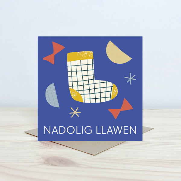 Welsh Language Christmas Card Nadolig Llawen Christmas Stocking from Nansi Nudd for sale at Mostyn