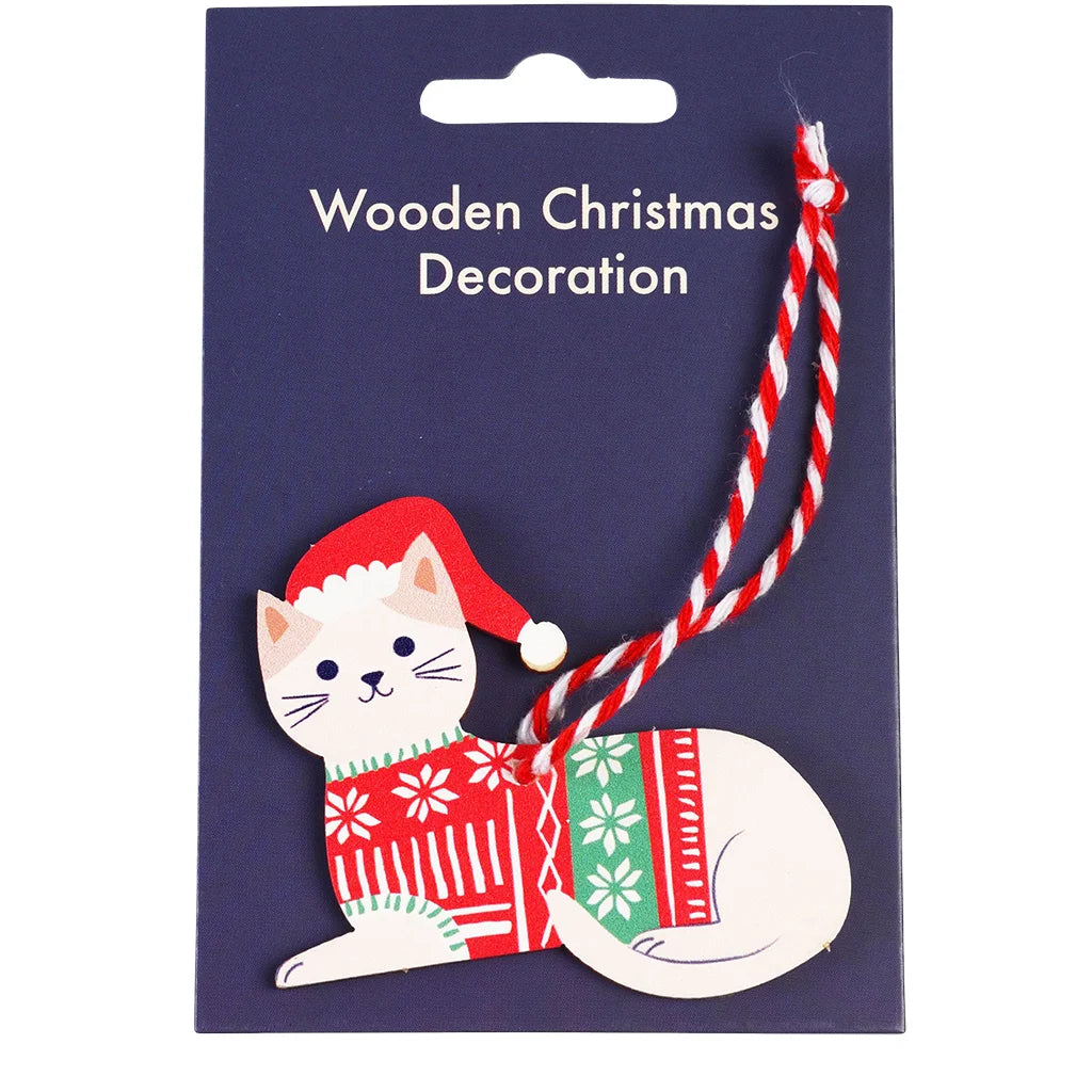 White Cat Hanging Wooden Christmas Decoration from Rex London for sale at Mostyn